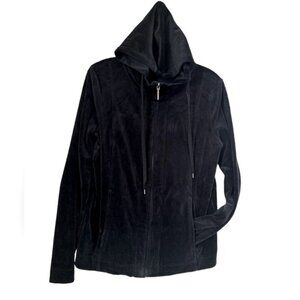 Jones NY Vintage Velour Hoodie Cotton Full Zip Up Hooded Pockets Black Jacket M
